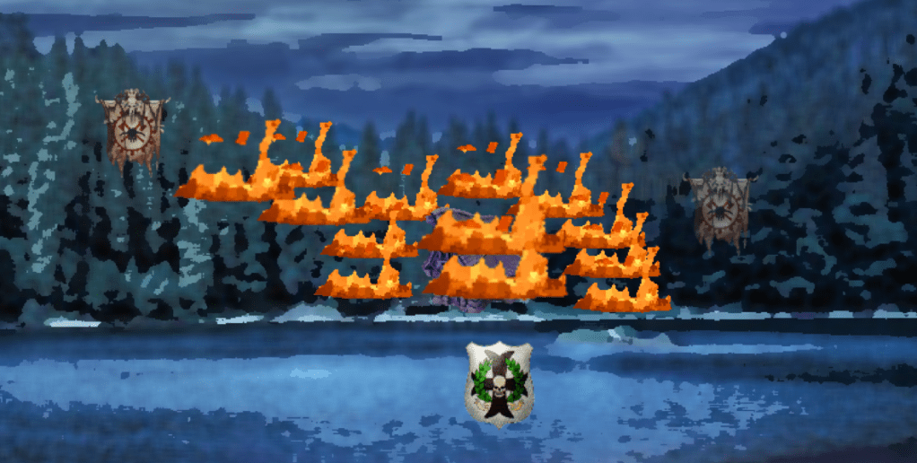 ALT TEXT: An image showing a forest by a lake. A fire rages across the forest, the hut consumed within. Far beyond the fire, to the left,  a banner representing a beastman army retreats. Another banner of beastmen is on the right. A banner representing imperial forces is in the lake.